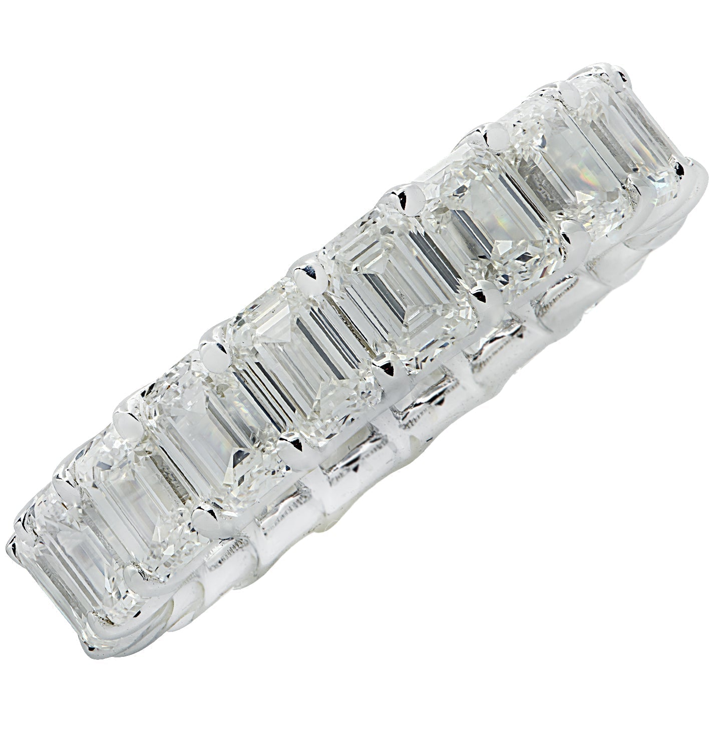 Vivid Diamonds 6.27 Ct Emerald Cut Diamond Eternity Band in 18K White Gold, showcasing a brilliant arrangement of GIA certified emerald cut diamonds.