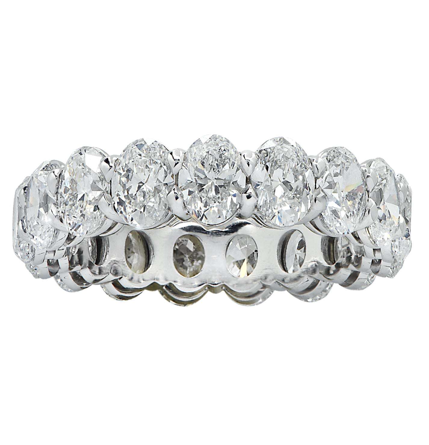 Close-up view of Vivid Diamonds 4.50 Carat Platinum Eternity Band with 19 oval diamonds, highlighting the exquisite craftsmanship and timeless elegance of this stunning luxury piece.