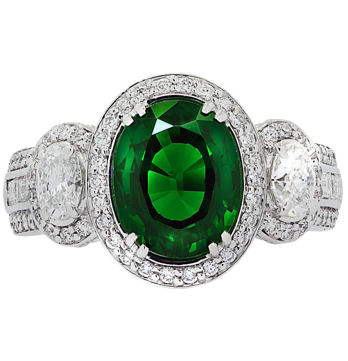 Close-up view of the Vivid Diamonds 3.38Ct Oval Cut Tsavorite & Diamond Halo Ring in 18K White Gold, showcasing the vivid green Tsavorite and diamond accents for a luxurious appeal.