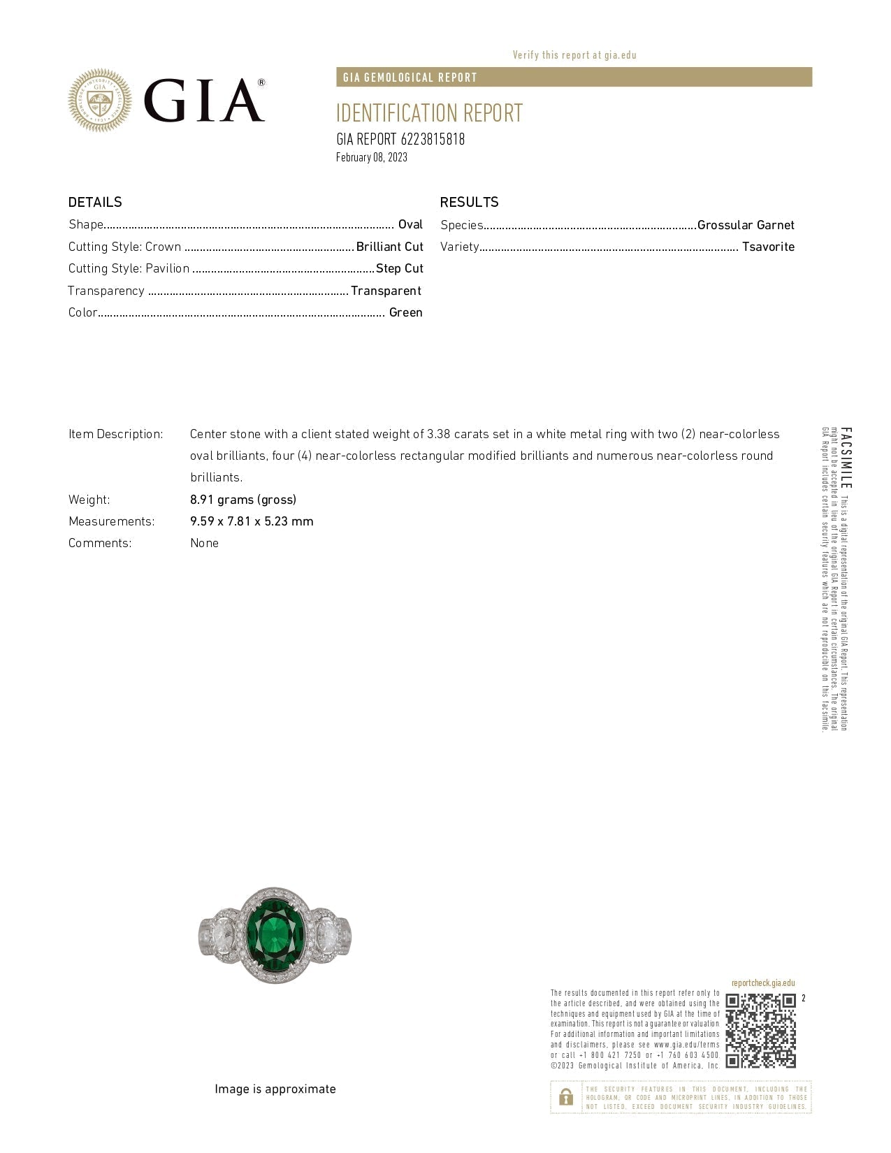 GIA identification report for the Vivid Diamonds 3.38Ct Oval Cut Tsavorite & Diamond Halo Ring in 18K White Gold, detailing the quality and specifications of the stunning gemstone.