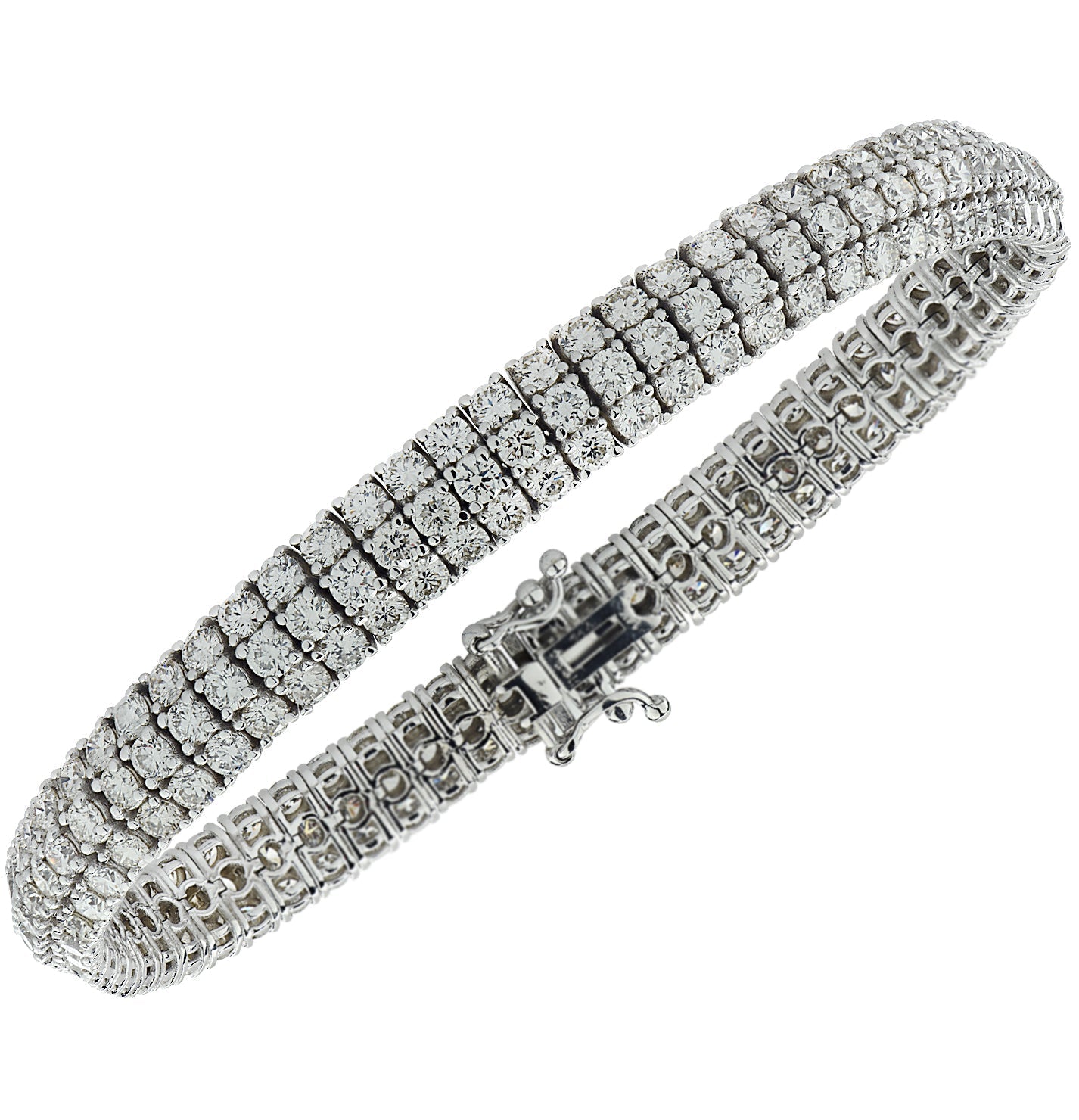 Exquisite 11.15 Carat Three Row Diamond Bangle Bracelet in White Gold by Vivid Diamonds, featuring 198 round brilliant cut diamonds for unparalleled elegance.