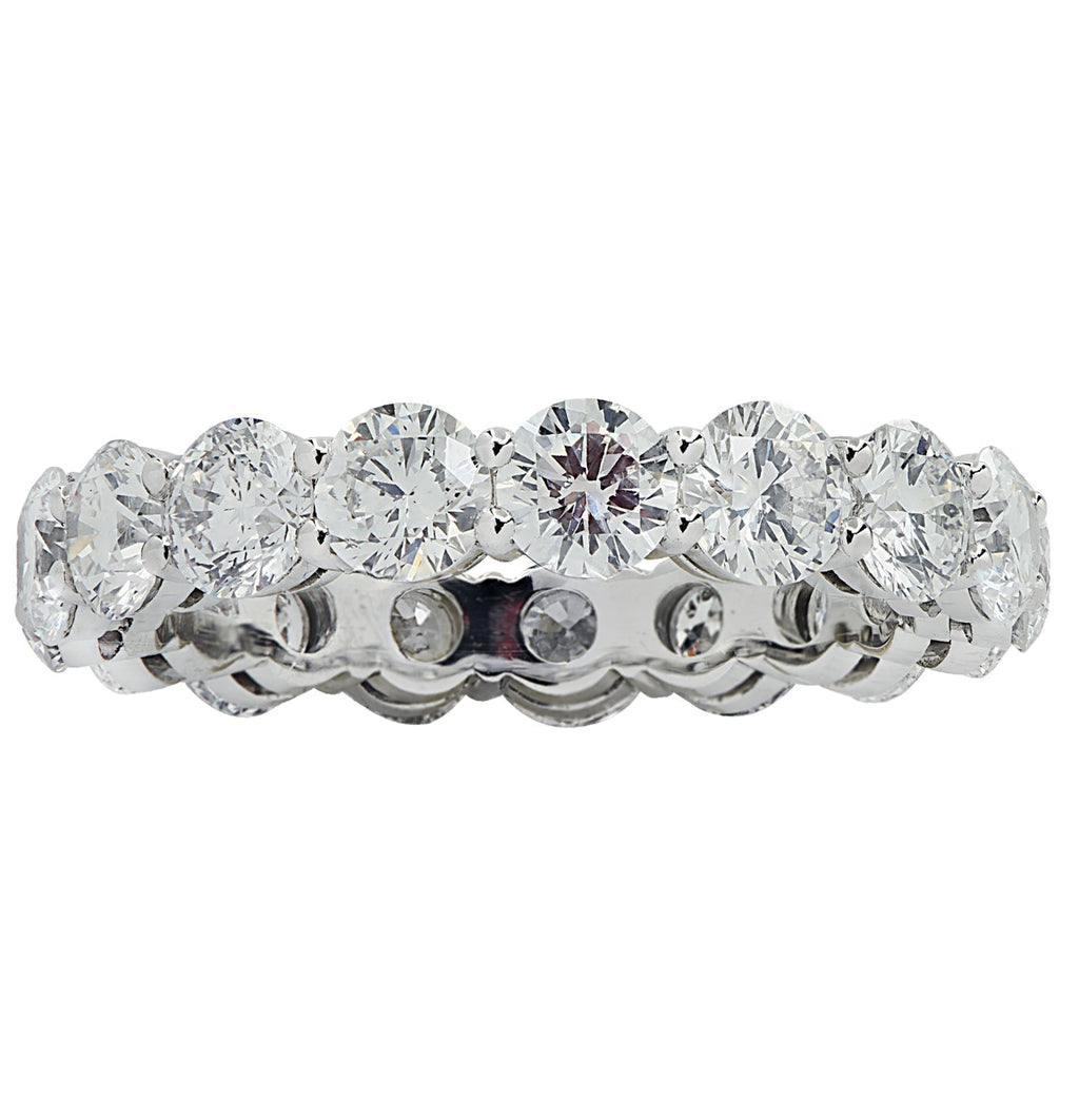 Sophisticated top view of the Vivid Diamonds 3.12 Carat Diamond Eternity Band, highlighting the brilliant D-F color diamonds in a beautiful platinum setting.