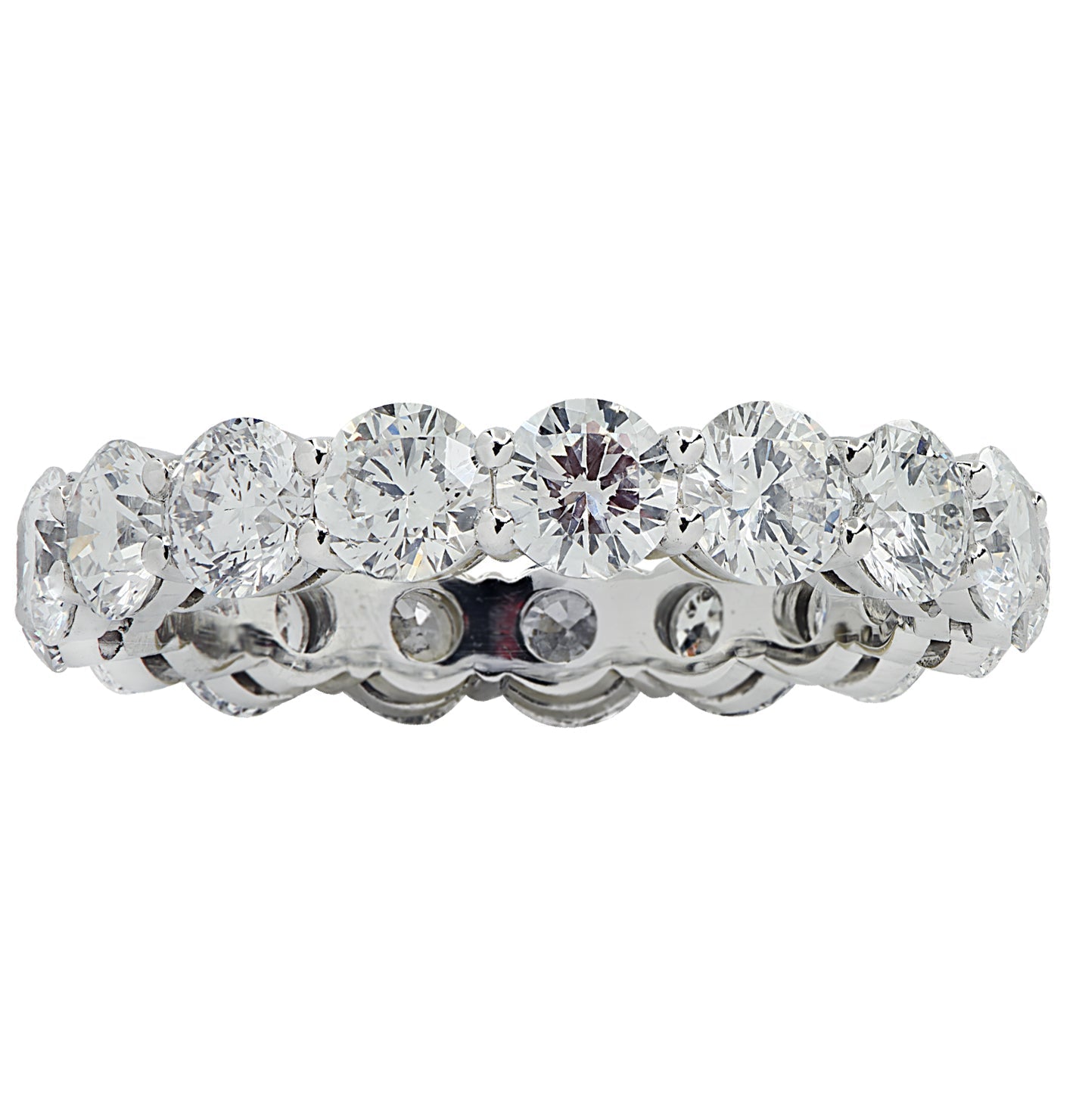 Sophisticated top view of the Vivid Diamonds 3.12 Carat Diamond Eternity Band, highlighting the brilliant D-F color diamonds in a beautiful platinum setting.