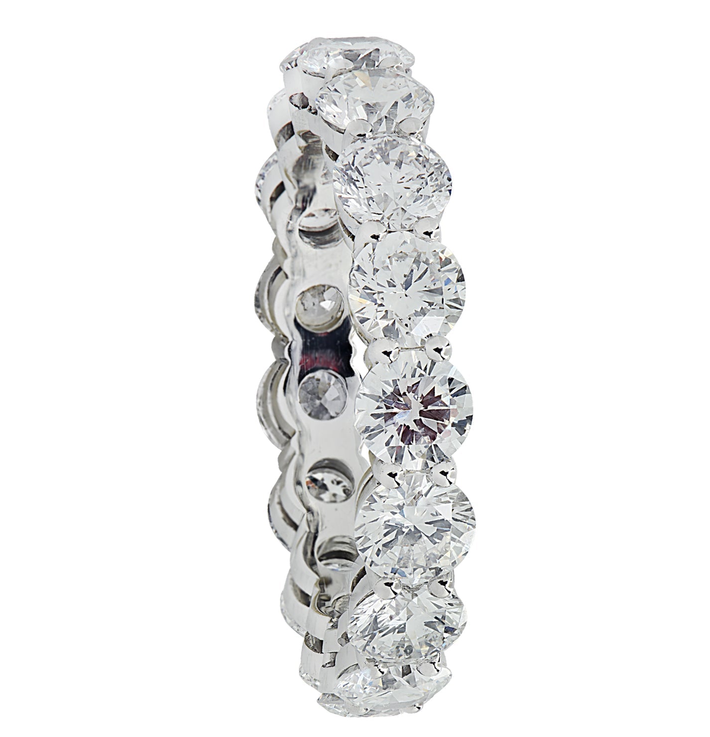 Elegant side view of the Vivid Diamonds 3.12 Carat Diamond Eternity Band showcasing its exquisite craftsmanship and radiant diamonds.