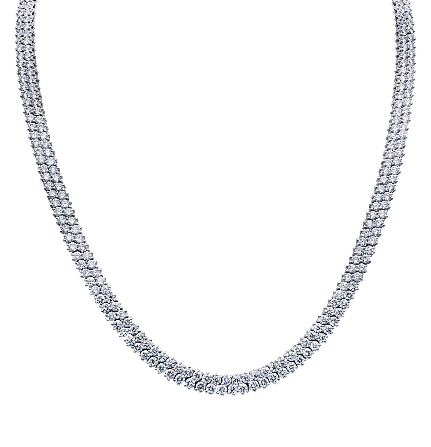 Vivid Diamonds 18.41 Ct Double Row Tennis Necklace in 14K White Gold featuring 336 Brilliant Cut Diamonds, elegantly displayed to highlight its stunning design and luxurious details.