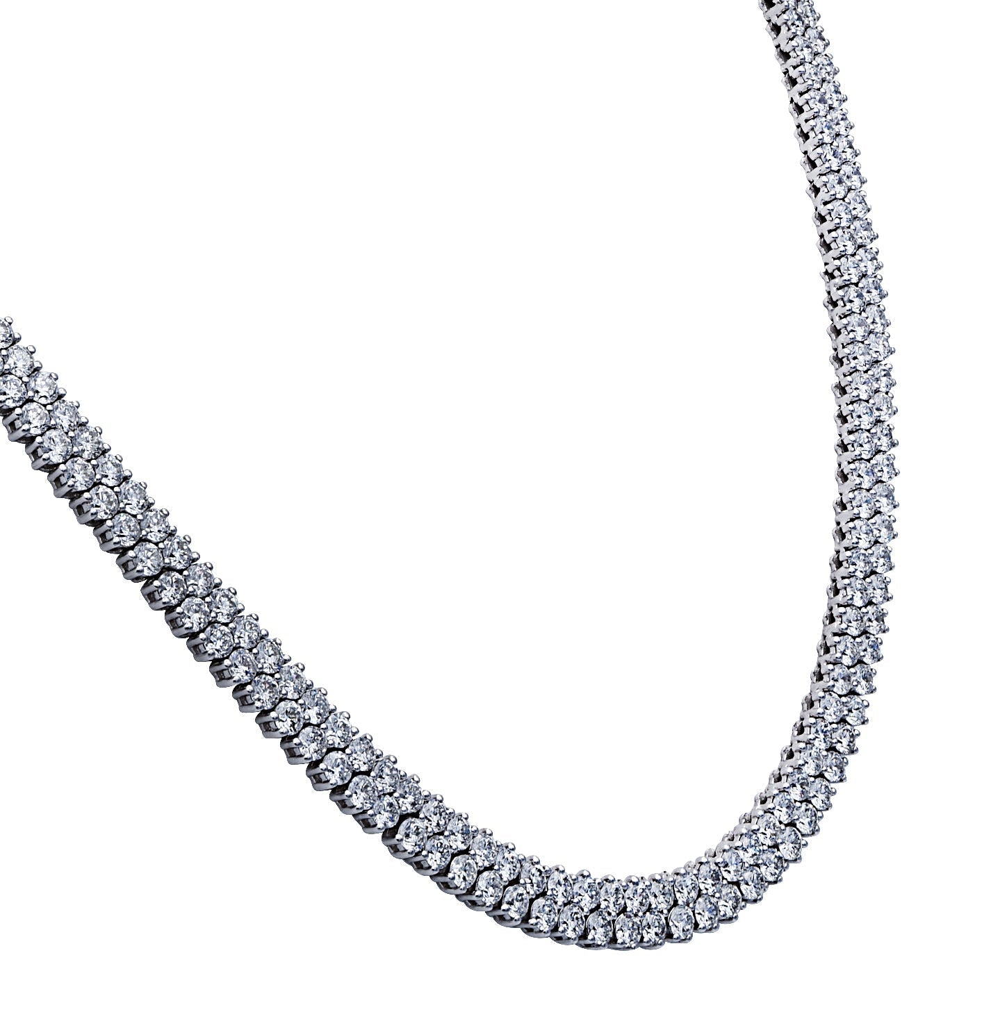 Close-up view of Vivid Diamonds 18.41 Ct Double Row Tennis Necklace in 14K White Gold, showcasing the brilliance of 336 round brilliant cut diamonds, exemplifying luxury and sophistication.