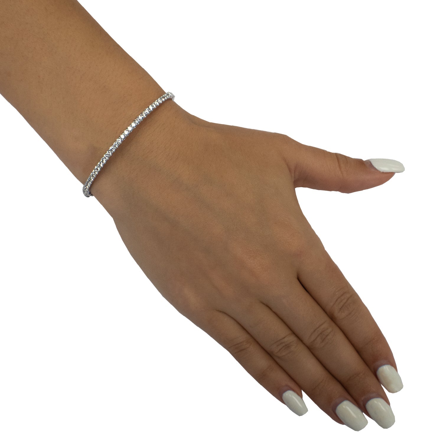 Stunning 14k White Gold Diamond Bracelet by Vivid Diamonds displayed on a hand, highlighting the exquisite design and sparkle of 1.08 carats of G-H SI diamonds.