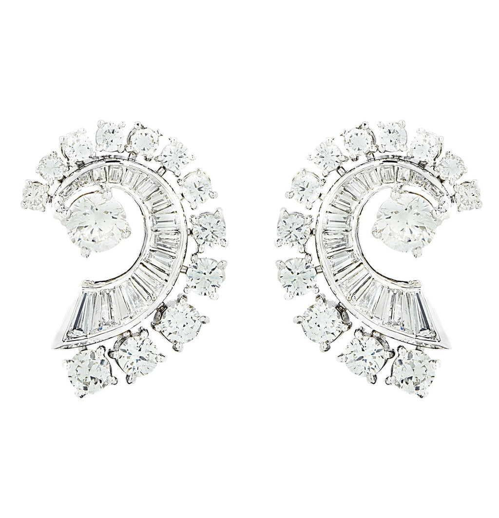 Elegant Mid-Century 4 Carat Platinum Diamond Swirl Earrings by Vivid Diamonds, showcasing a stunning arrangement of diamonds that exude timeless sophistication.