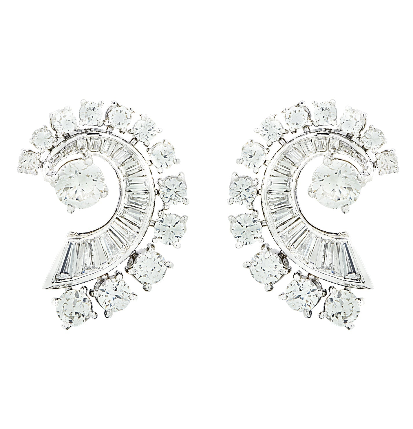 Elegant Mid-Century 4 Carat Platinum Diamond Swirl Earrings by Vivid Diamonds, showcasing a stunning arrangement of diamonds that exude timeless sophistication.