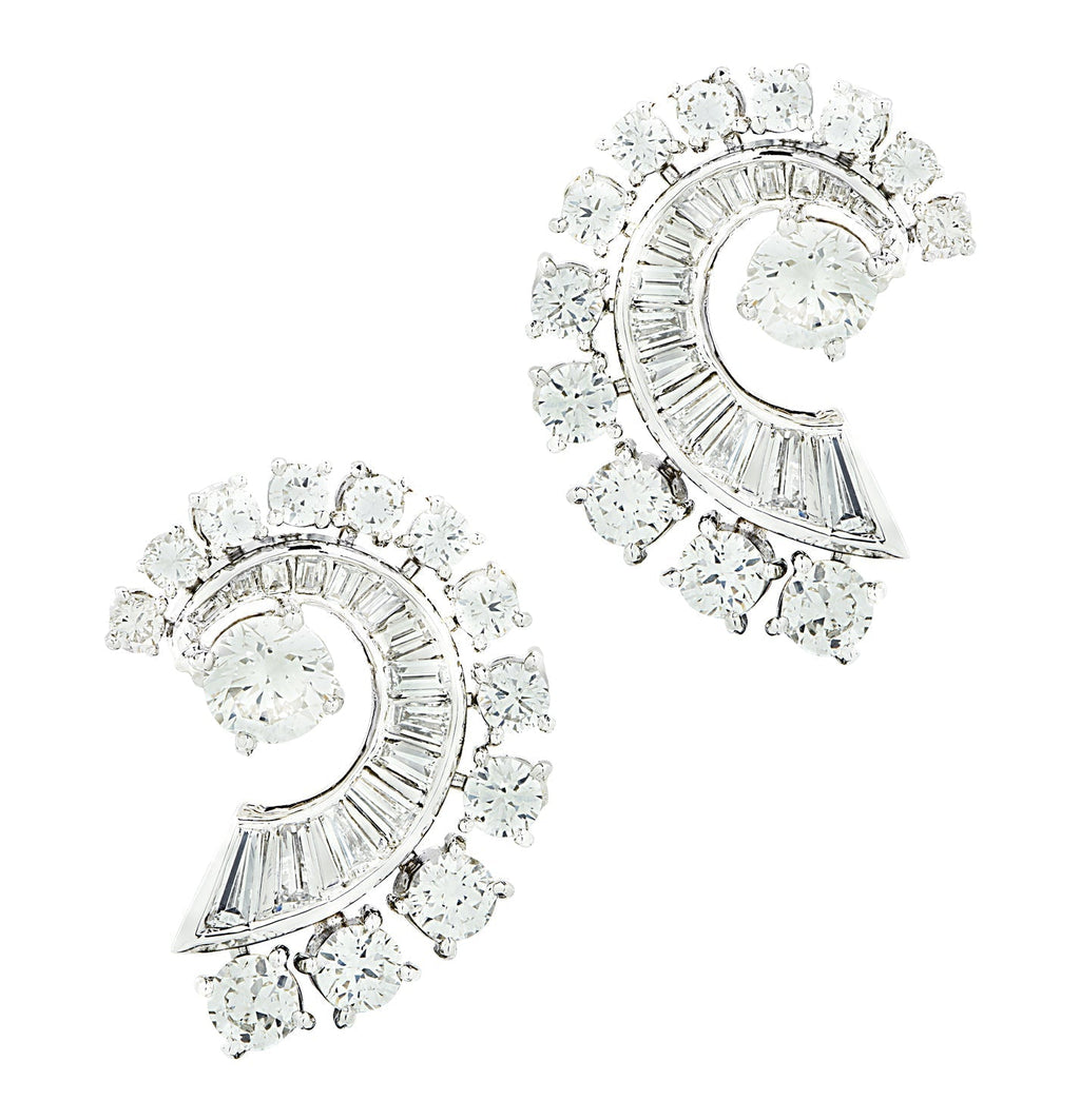 Luxury Mid-Century 4 Carat Platinum Diamond Swirl Earrings by Vivid Diamonds, featuring intricate designs with baguette and round brilliant-cut diamonds for a captivating sparkle.