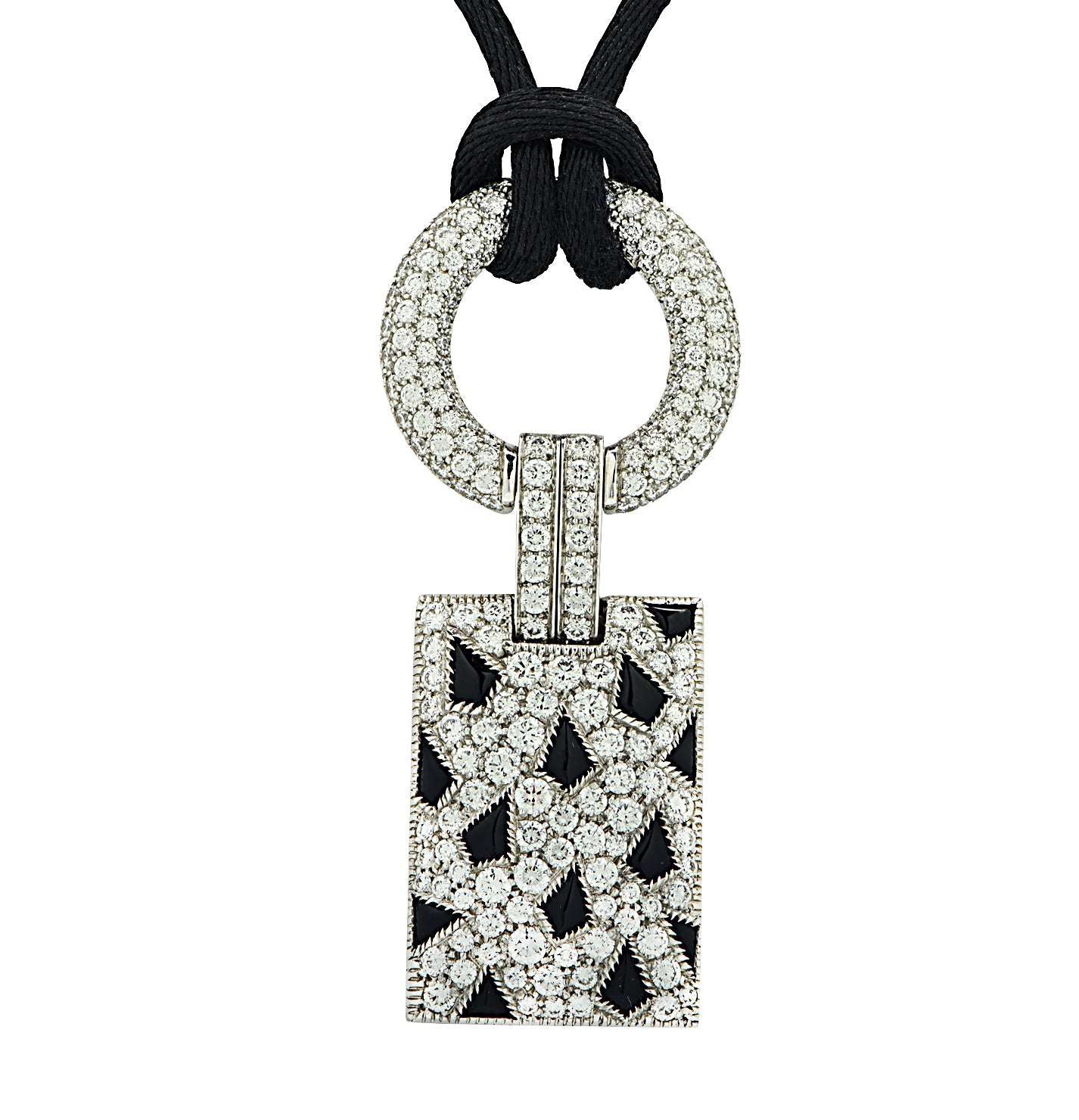 Panthère De Cartier 2.8 Carat Diamond and Black Onyx Pendant in 18K White Gold by Vivid Diamonds, showcasing exquisite sparkling diamonds and rich black onyx in a luxurious design.