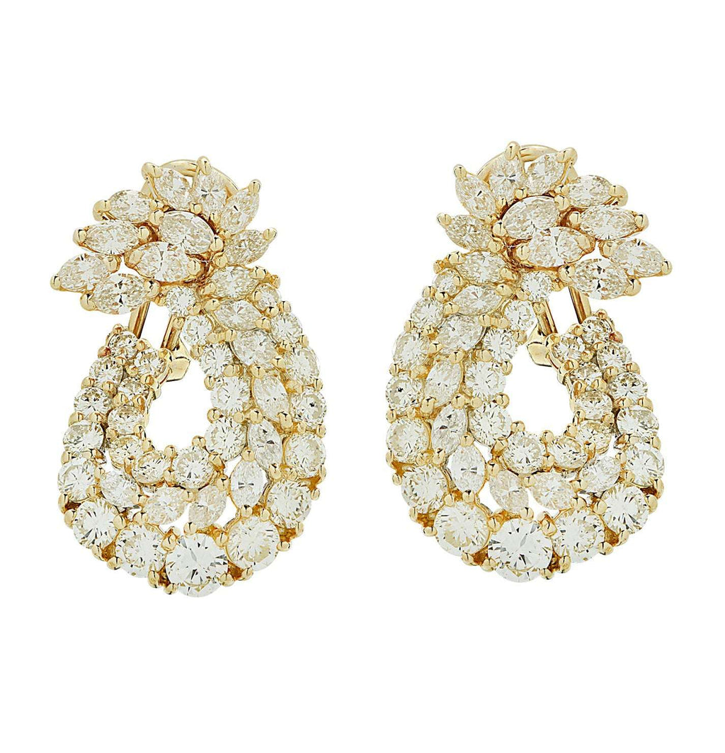 Luxury 8 Carat Diamond Swirl Hoop Earrings by Vivid Diamonds, featuring a stunning arrangement of round brilliant and marquise cut diamonds set in 18K yellow gold, showcasing elegance and sophistication.