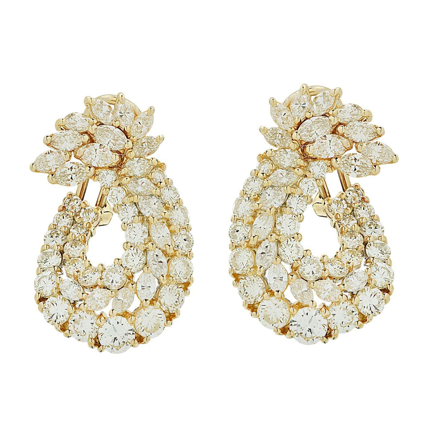 Luxury 8 Carat Diamond Swirl Hoop Earrings by Vivid Diamonds, featuring a stunning arrangement of round brilliant and marquise cut diamonds set in 18K yellow gold, showcasing elegance and sophistication.