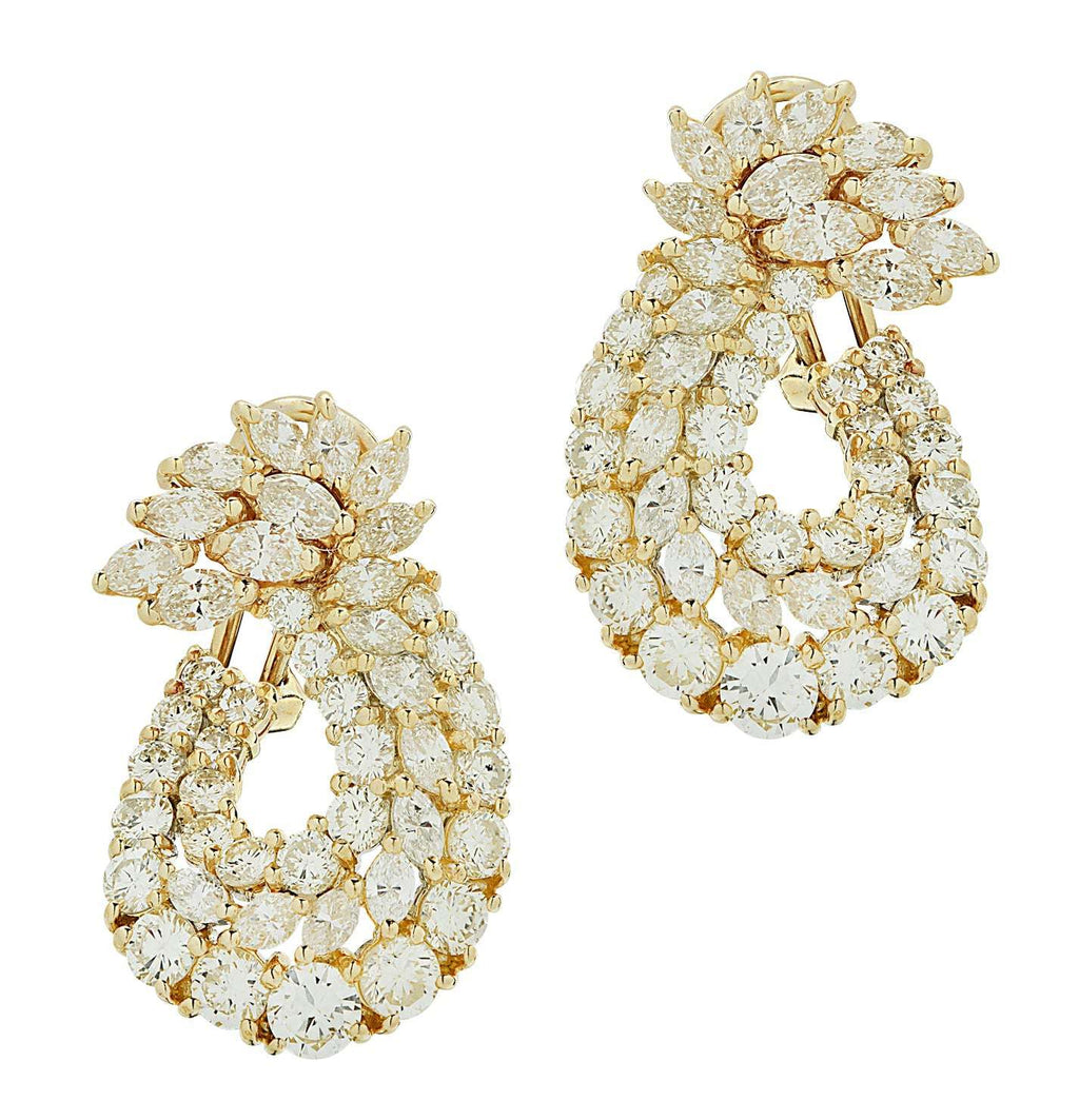 Exquisite 8 Carat Diamond Swirl Hoop Earrings in 18K Yellow Gold by Vivid Diamonds, showcasing a luxurious design with round brilliant and marquise cut diamonds arranged in a captivating swirl pattern.