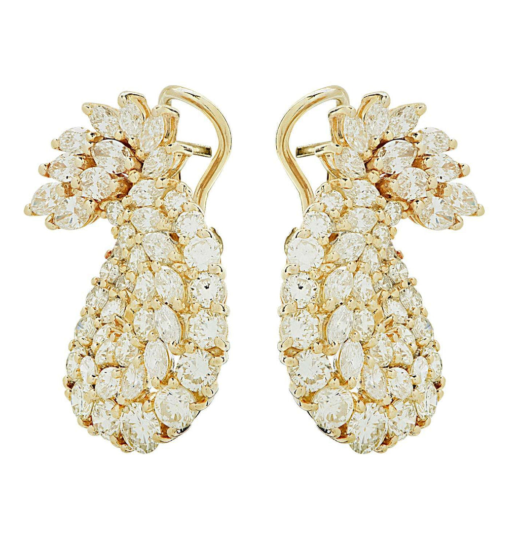 Stunning 8 Carat Diamond Swirl Hoop Earrings crafted in 18K Yellow Gold by Vivid Diamonds, featuring an elegant cluster of sparkling diamonds in a graceful teardrop shape.