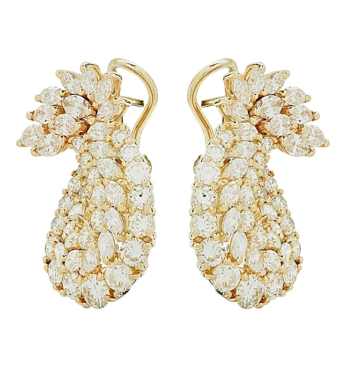Stunning 8 Carat Diamond Swirl Hoop Earrings crafted in 18K Yellow Gold by Vivid Diamonds, featuring an elegant cluster of sparkling diamonds in a graceful teardrop shape.