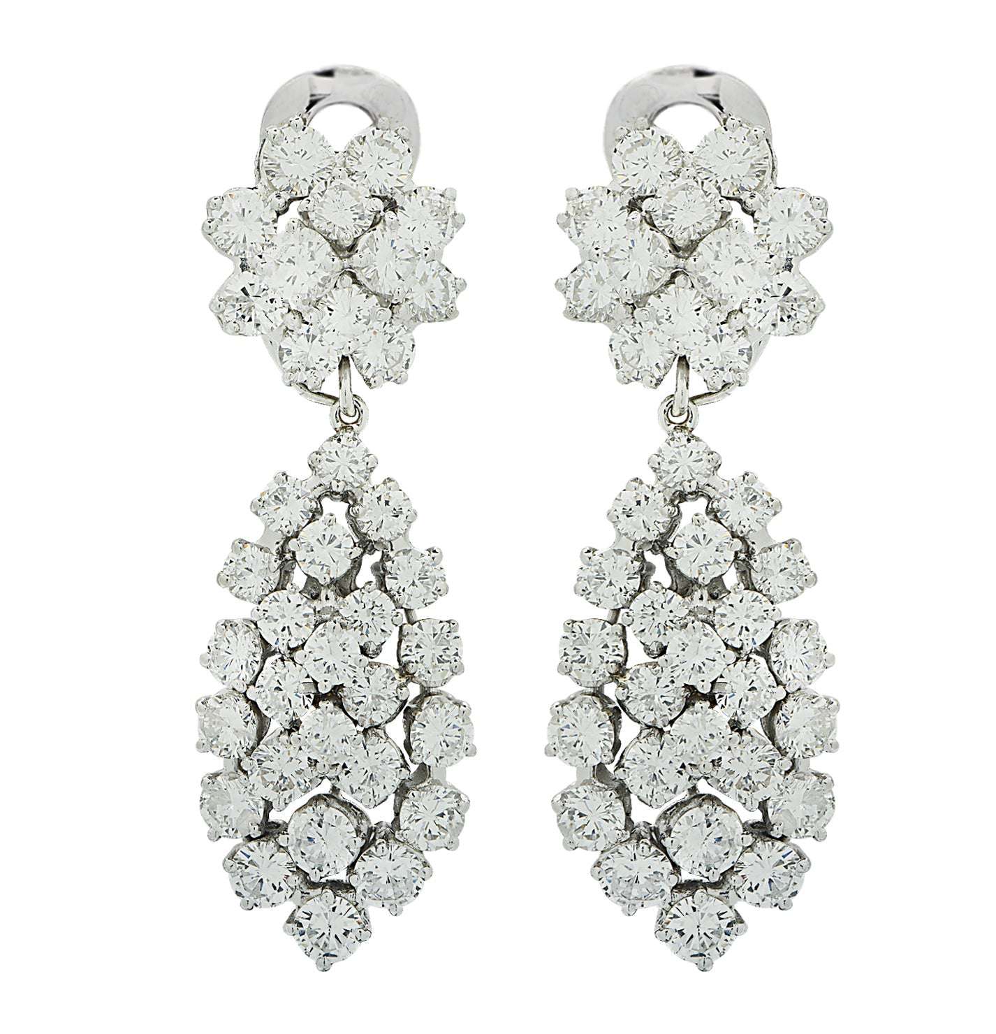 Elegant Vivid Diamonds 10 Carat Clip-On Dangle Earrings adorned with 72 sparkling brilliant cut diamonds in premium white gold, perfect for adding a touch of luxury to any outfit.