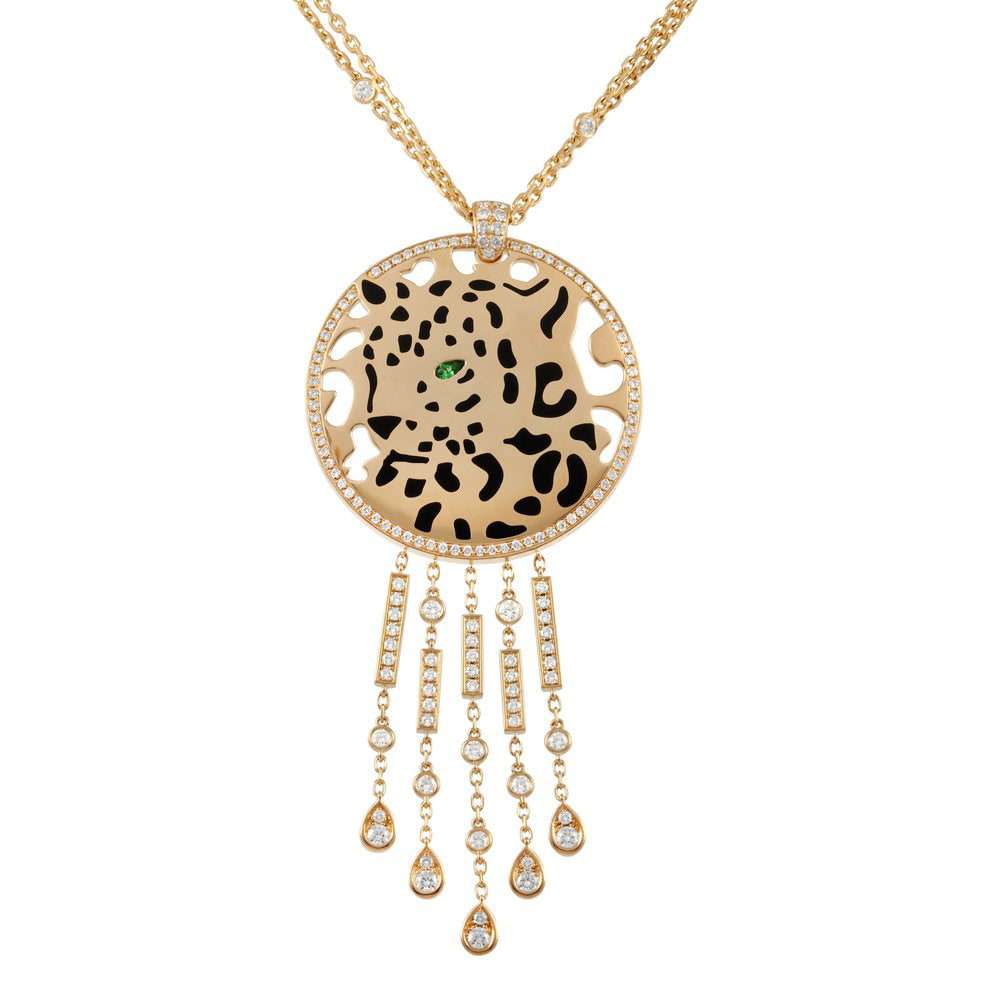 Luxurious Cartier Panthere 2 Carat Diamond Necklace by Vivid Diamonds, featuring an elegant enamel panther motif and a radiant gold and diamond pendant, perfect for sophisticated occasions.