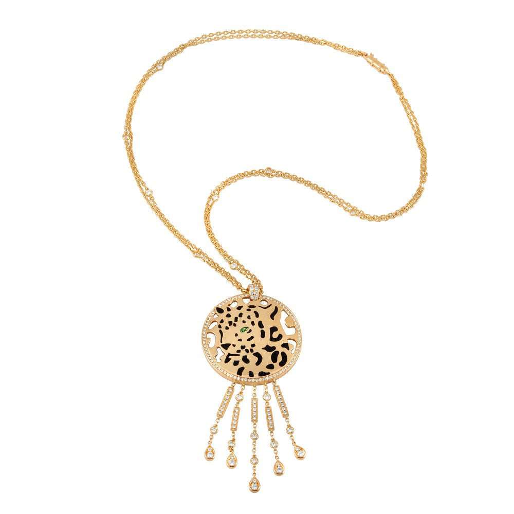 Exquisite Cartier Panthere 2 Carat Diamond Necklace by Vivid Diamonds, showcasing a stunning design with a delicate chain and a captivating enamel panther pendant, embodying luxury and elegance.
