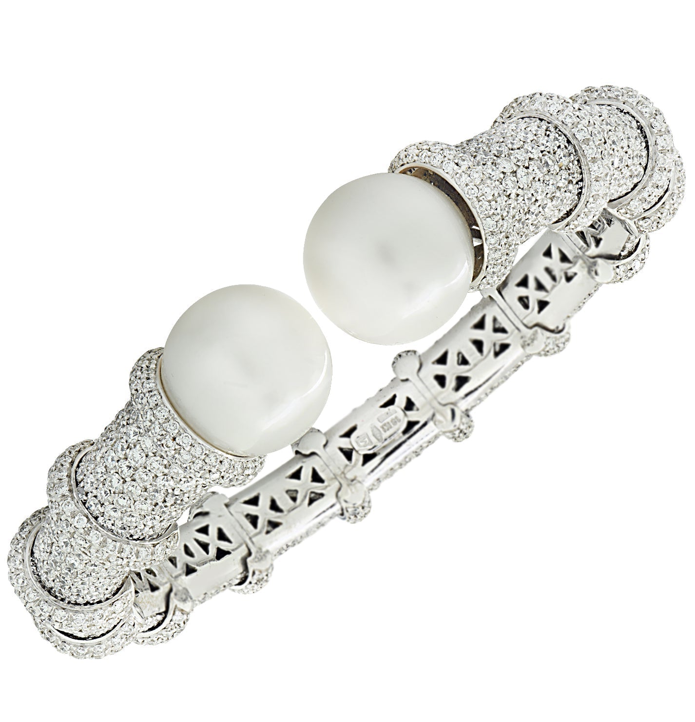 10 Carat Pave Diamond Cuff Bracelet featuring 14mm South Sea Pearls in 18K White Gold by Vivid Diamonds, showcasing a luxurious design with sparkling diamonds and elegant pearls.