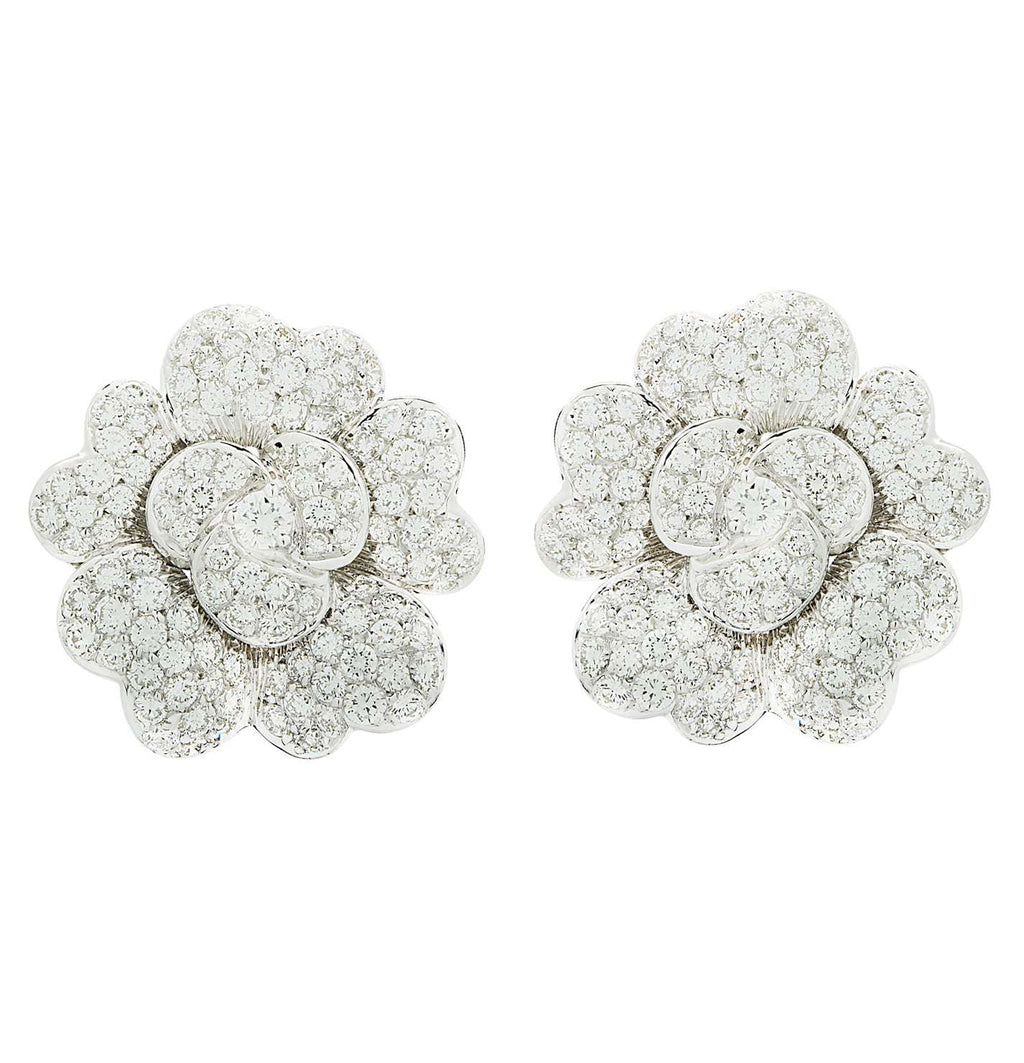 Exquisite 10 Carat Diamond Flower Earrings in 18K White Gold by Vivid Diamonds, designed with intricate pave detailing and dazzling G color diamonds for a timeless appeal.