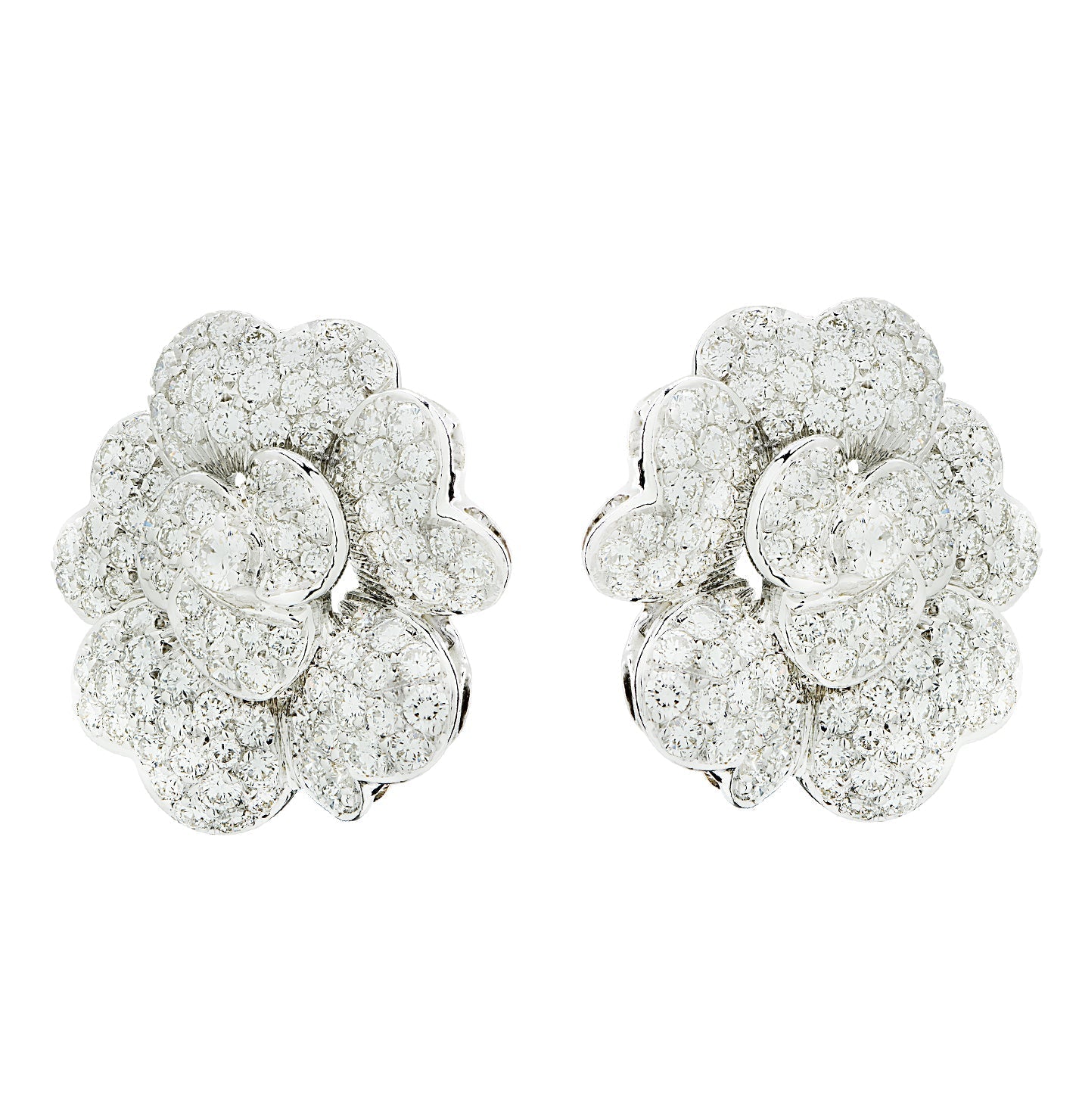 Elegant 10 Carat Diamond Flower Earrings in 18K White Gold by Vivid Diamonds, featuring a luxurious pave floral motif adorned with brilliant G color diamonds.