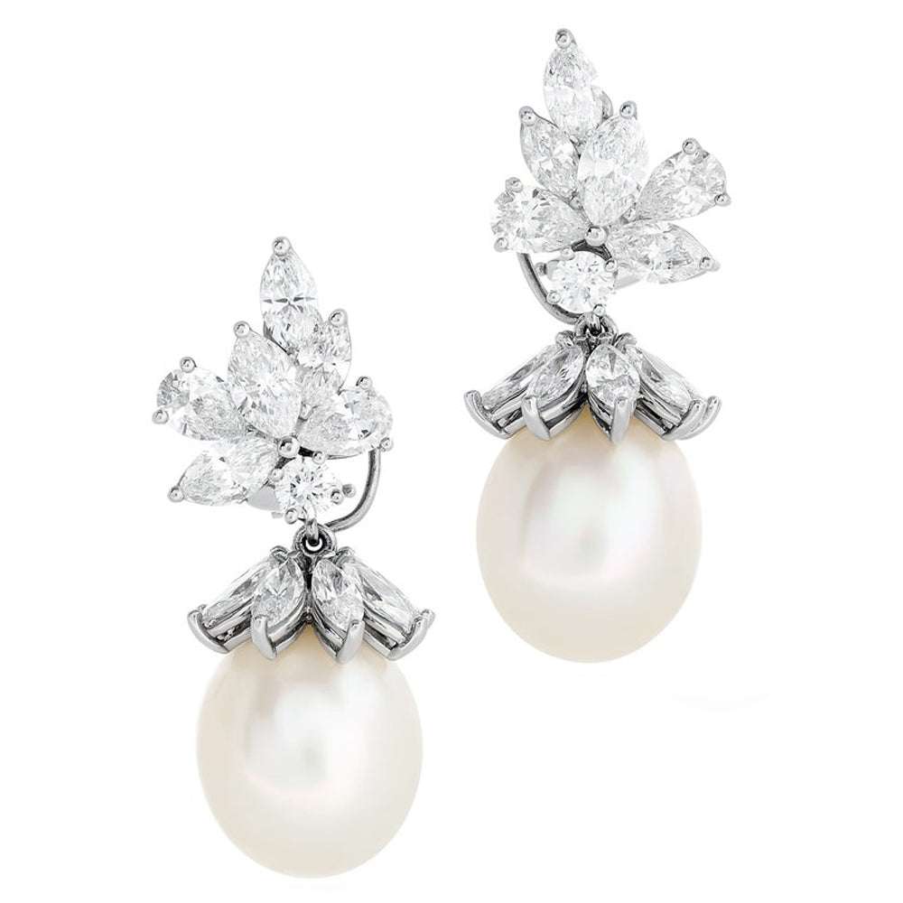 Tiffany & Co. 7.4 Carat Diamond & Pearl Day & Night Earrings in Platinum by Vivid Diamonds, featuring elegant marquise and round brilliant diamonds with lustrous pearl drops, designed for luxurious versatility.