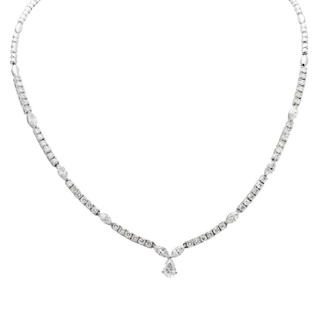 Elegant view of the 7.51 Ct Diamond Pear Drop Necklace by Vivid Diamonds showcasing the exquisite pear-shaped gemstone and intricate diamond detailing in 18K white gold.