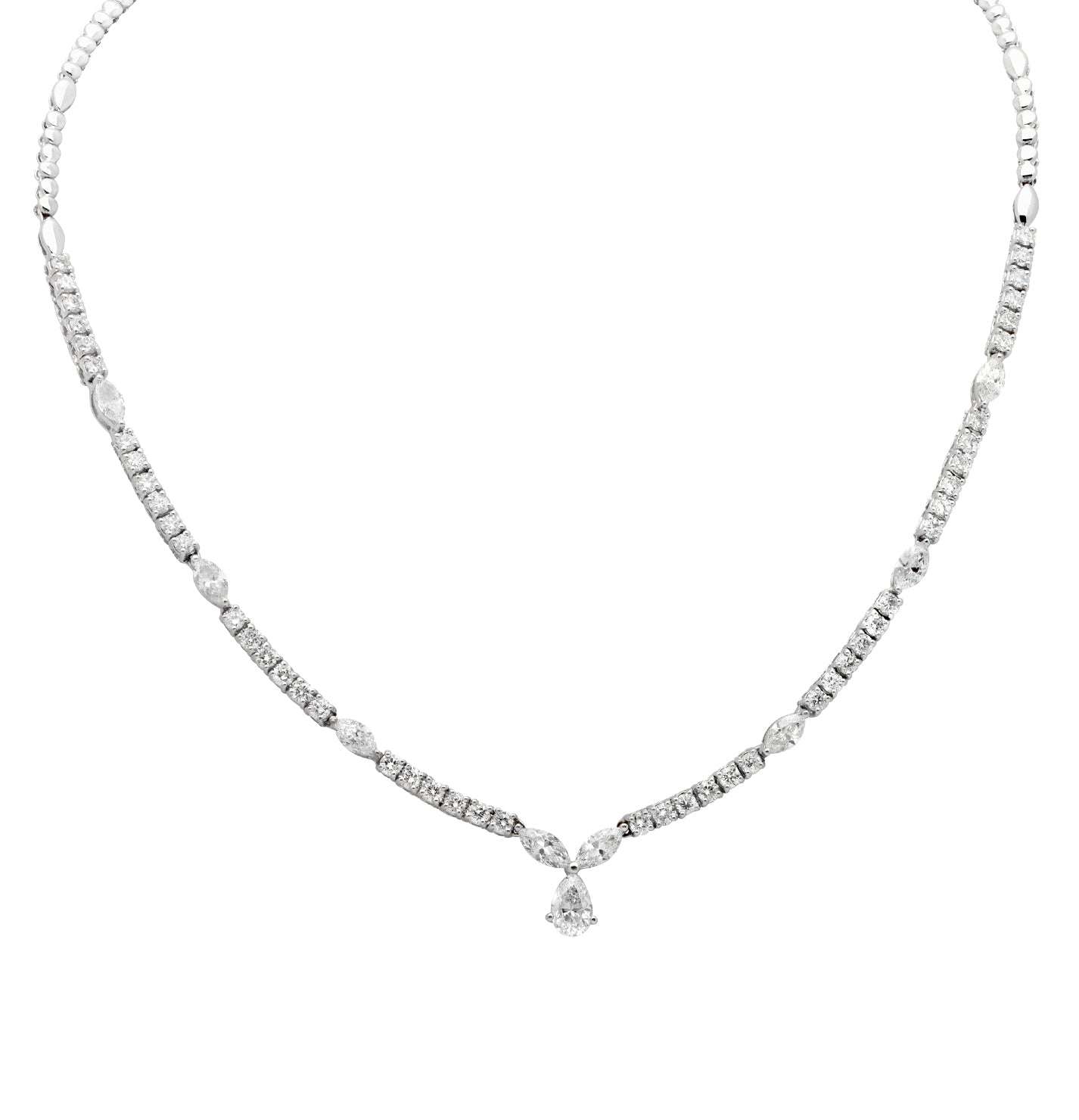 Elegant view of the 7.51 Ct Diamond Pear Drop Necklace by Vivid Diamonds showcasing the exquisite pear-shaped gemstone and intricate diamond detailing in 18K white gold.