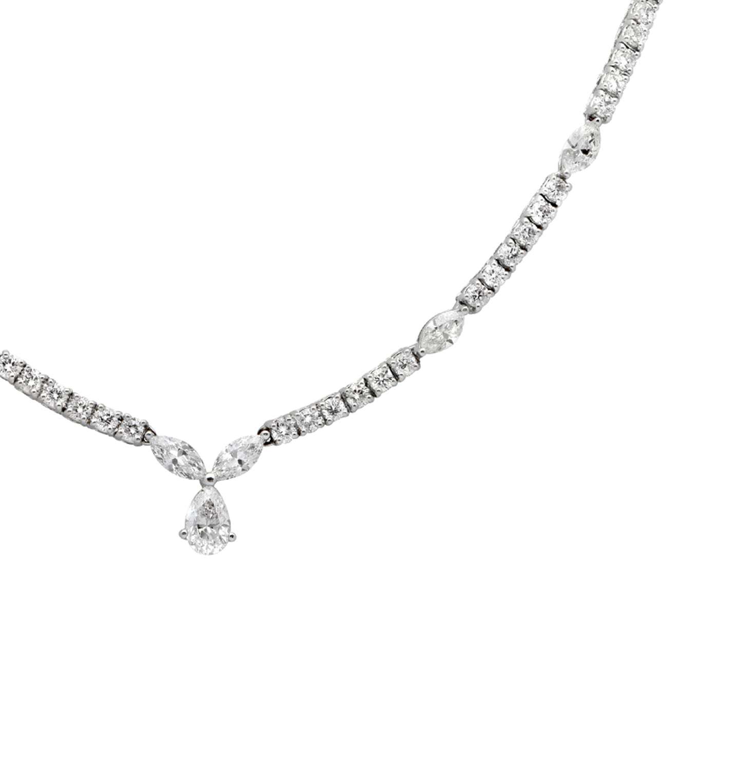 Close-up of the luxurious 7.51 Ct Diamond Pear Drop Necklace by Vivid Diamonds, highlighting the graceful pear drop and shimmering diamonds elegantly set in 18K white gold.