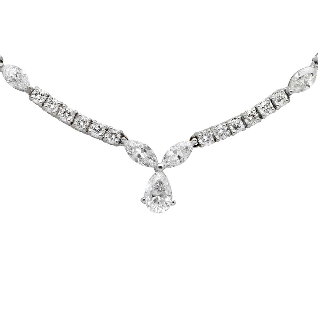 Stunning 7.51 Ct Diamond Pear Drop Necklace by Vivid Diamonds featuring a pear-shaped diamond drop and a dazzling arrangement of marquise and round cut diamonds set in 18K white gold.