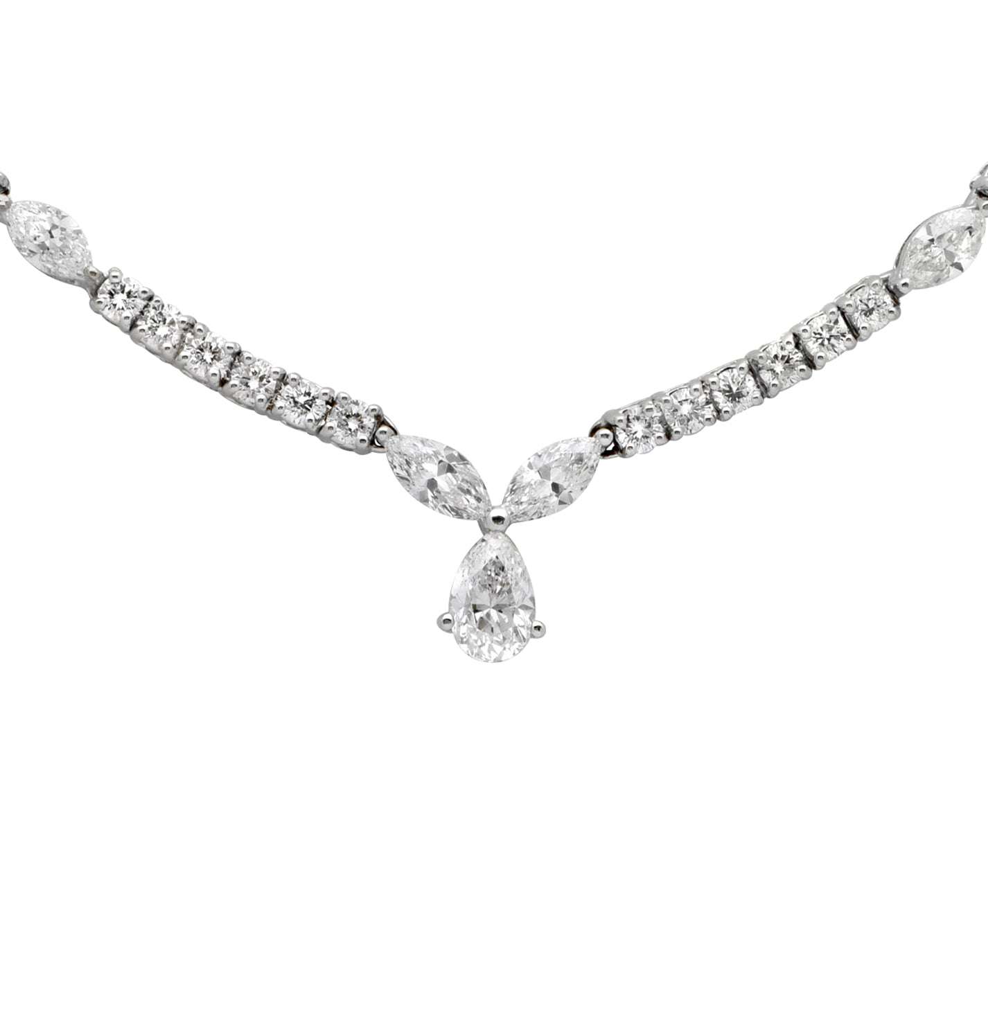 Stunning 7.51 Ct Diamond Pear Drop Necklace by Vivid Diamonds featuring a pear-shaped diamond drop and a dazzling arrangement of marquise and round cut diamonds set in 18K white gold.