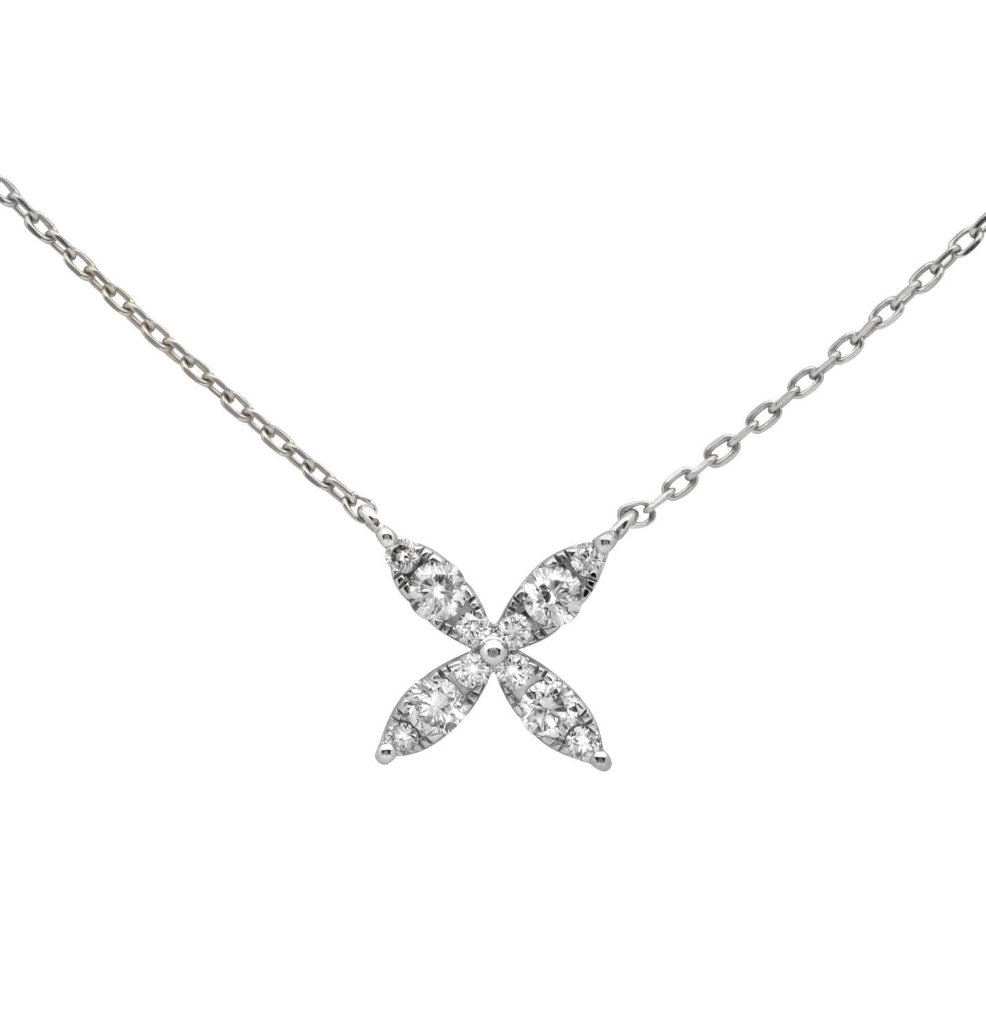 14k White Gold Diamond Necklace by Vivid Diamonds featuring a unique floral design with round brilliant diamonds, perfect for layering.