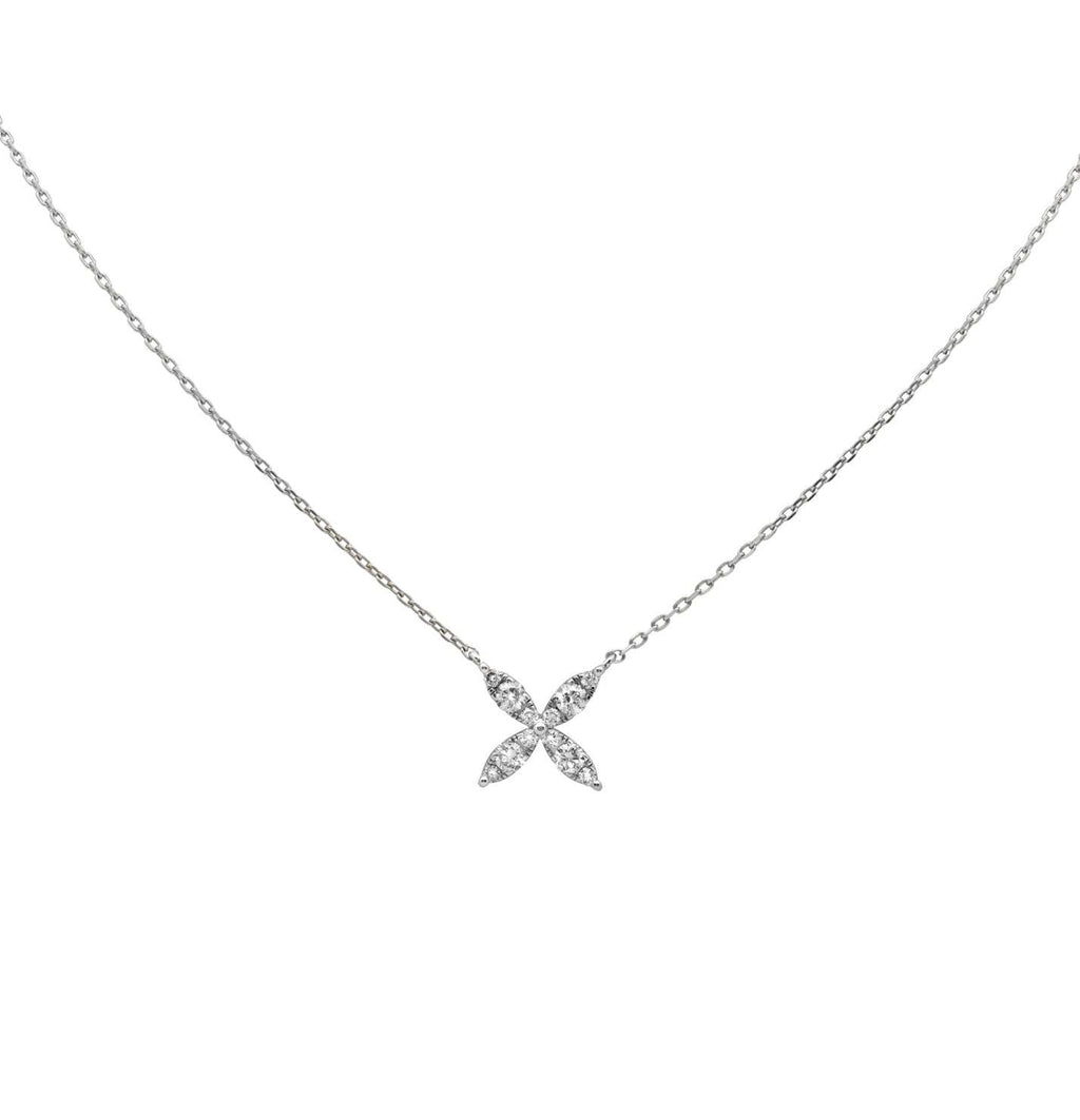 Close-up view of the stunning 14k White Gold Diamond Necklace by Vivid Diamonds with sparkling round diamonds, ideal for luxurious occasions.