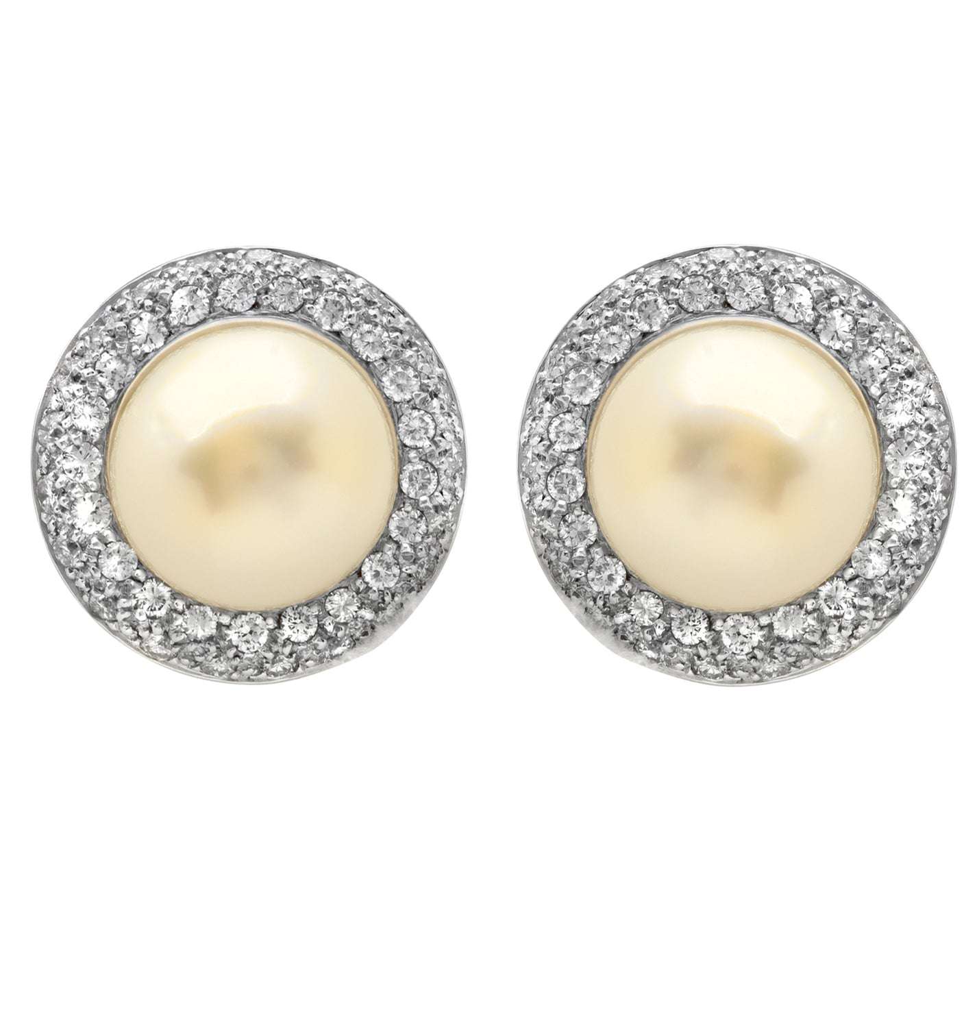 Close-up view of the Exquisite 18K White Gold Pearl & Diamond Earrings - V47314 by Vivid Diamonds, emphasizing the intricate detailing and sparkling diamonds.