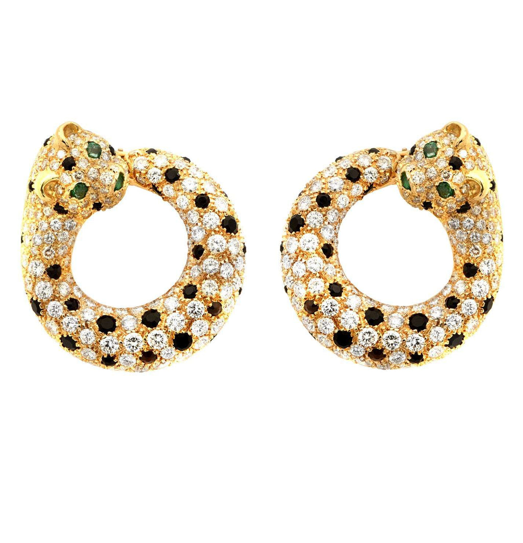 Exquisite Panther Hoop Earrings by Vivid Diamonds, made from 18K Yellow Gold, sparkling with diamonds and accented with emerald eyes, embodying fierce elegance and luxury.
