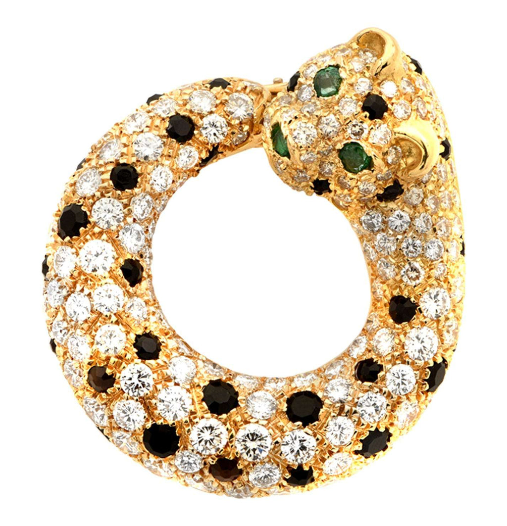 Luxurious Panther Hoop Earrings by Vivid Diamonds, featuring a stunning 18K Yellow Gold setting embellished with diamonds and emerald eyes, perfect for elegant accessorizing.