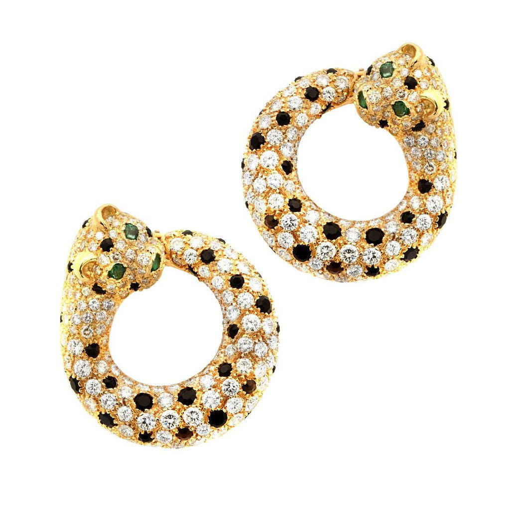 Glistening Panther Hoop Earrings by Vivid Diamonds, crafted in 18K Yellow Gold and adorned with 326 round brilliant-cut diamonds and striking emerald eyes, showcasing a bold and luxurious design.