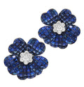 Luxurious 18k White Gold Sapphire and Diamond Floral Stud Earrings by Vivid Diamonds, featuring a captivating design with 20 carats of square-cut sapphires and 1 carat of round brilliant diamonds.