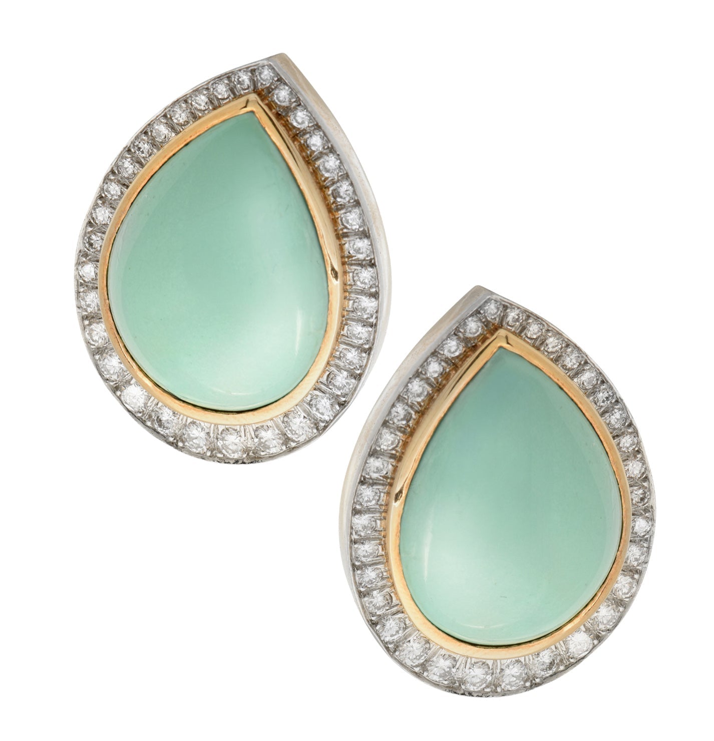 Elegant pair of David Webb Turquoise earrings showcasing bold cabochon-cut turquoise stones encircled by sparkling diamonds, made with platinum and 18K yellow gold, from Vivid Diamonds.