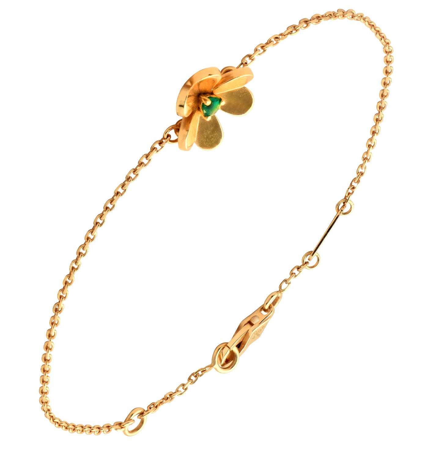 Van Cleef & Arpels 18k Yellow Gold Emerald Bracelet – V47849 featuring a delicate floral design with a vivid emerald accent, crafted by Vivid Diamonds.