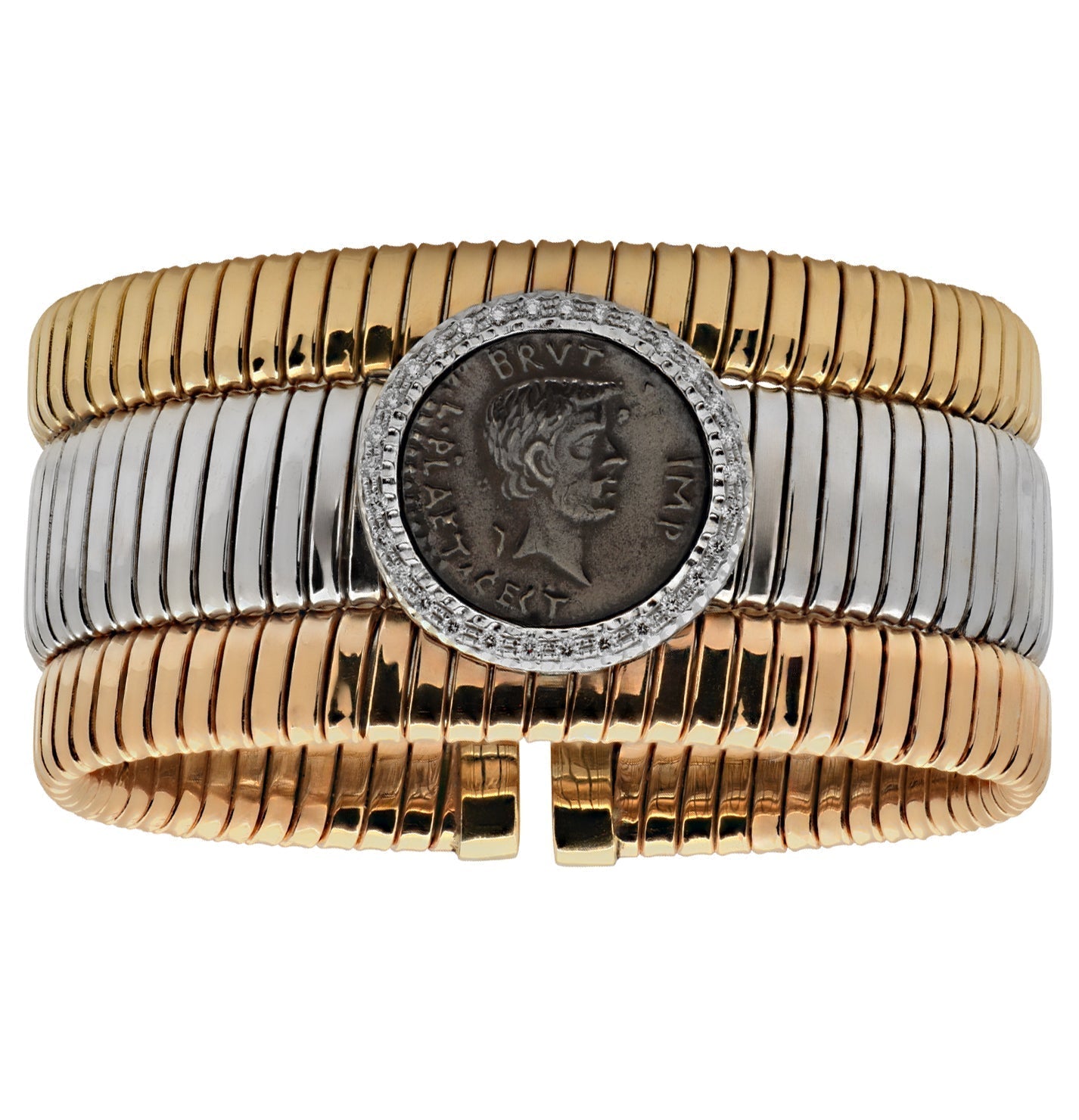Tessitore 18K Tri-Color Gold Coin Bracelet with Diamonds – Italian Tubogas Elegance by Vivid Diamonds, featuring an exquisite design of tri-color gold and a prominent Roman coin accentuated by a halo of sparkling diamonds.