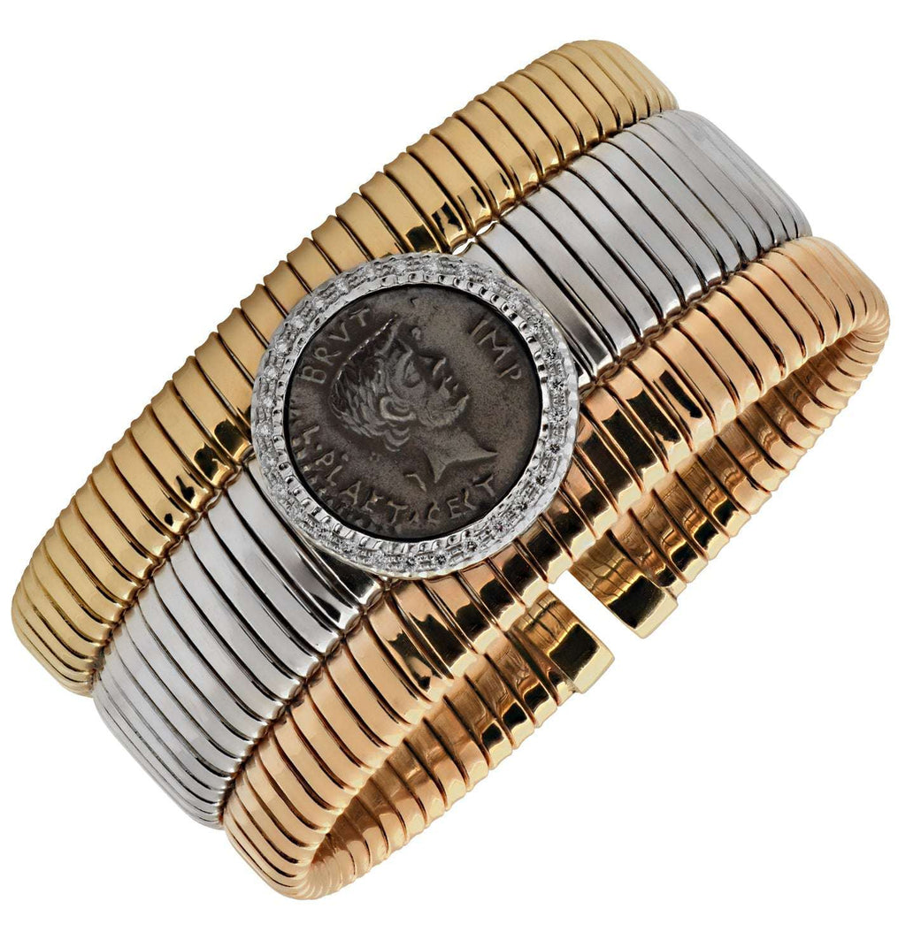 Tessitore 18K Tri-Color Gold Coin Bracelet with Diamonds – Italian Tubogas Elegance by Vivid Diamonds, showcasing a stunning blend of yellow, white, and rose gold with a Roman coin centerpiece surrounded by brilliant-cut diamonds.