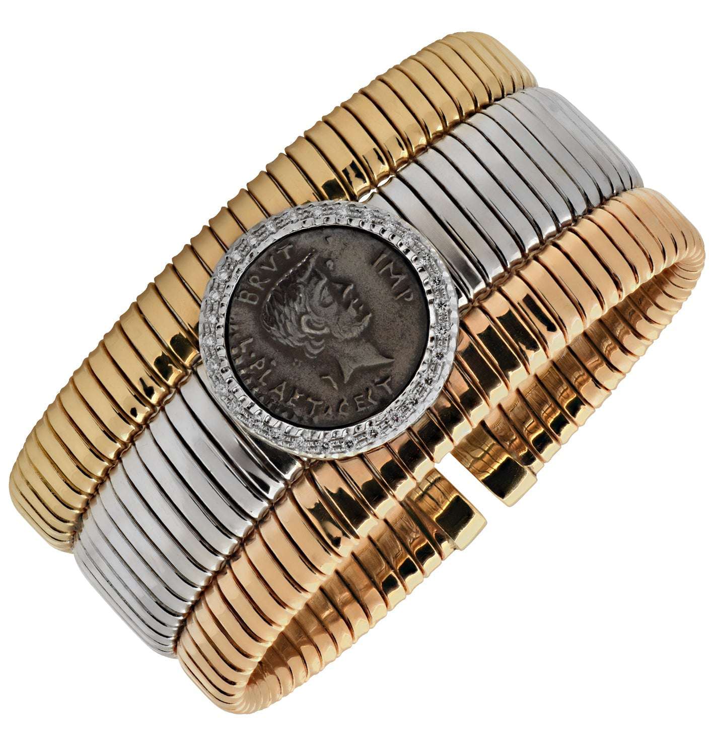 Tessitore 18K Tri-Color Gold Coin Bracelet with Diamonds – Italian Tubogas Elegance by Vivid Diamonds, showcasing a stunning blend of yellow, white, and rose gold with a Roman coin centerpiece surrounded by brilliant-cut diamonds.