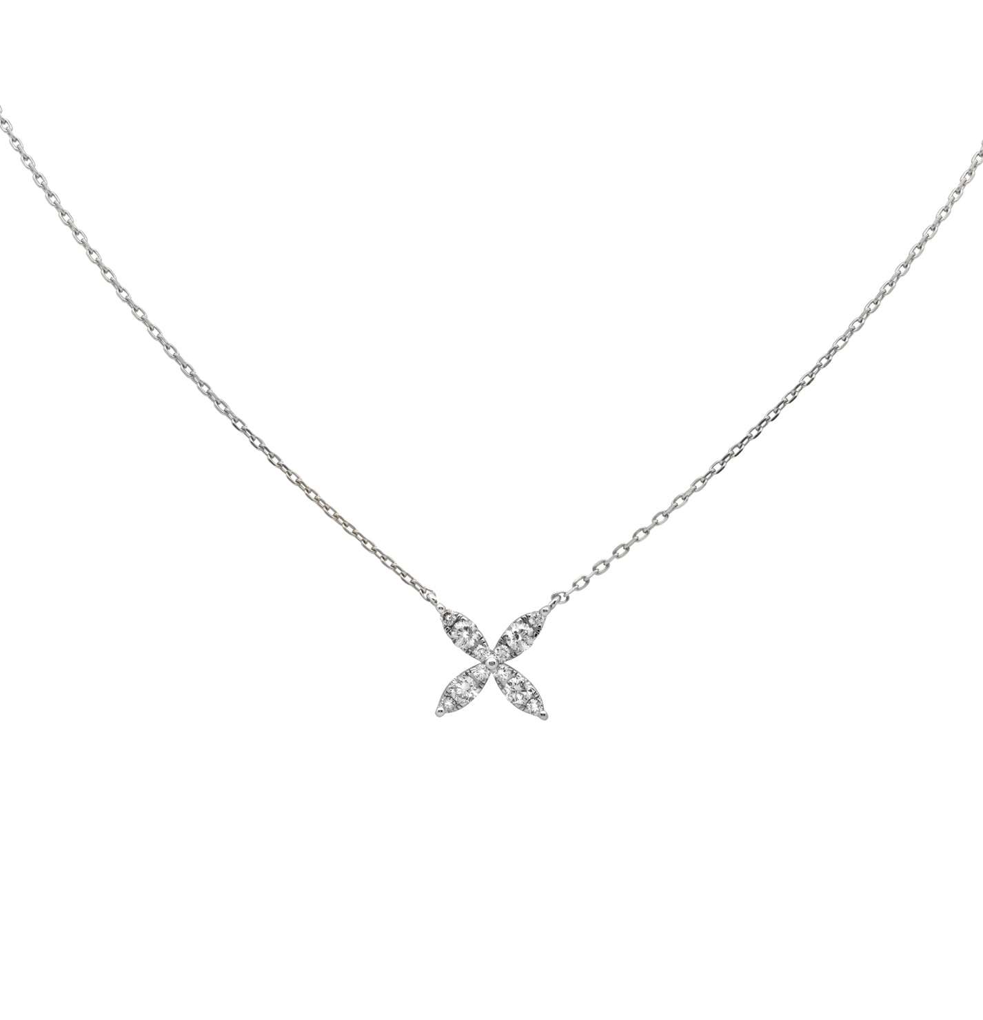 Close-up view of the Exquisite Floral Diamond & White Gold Necklace featuring a delicate floral motif adorned with brilliant cut diamonds, designed by Vivid Diamonds.