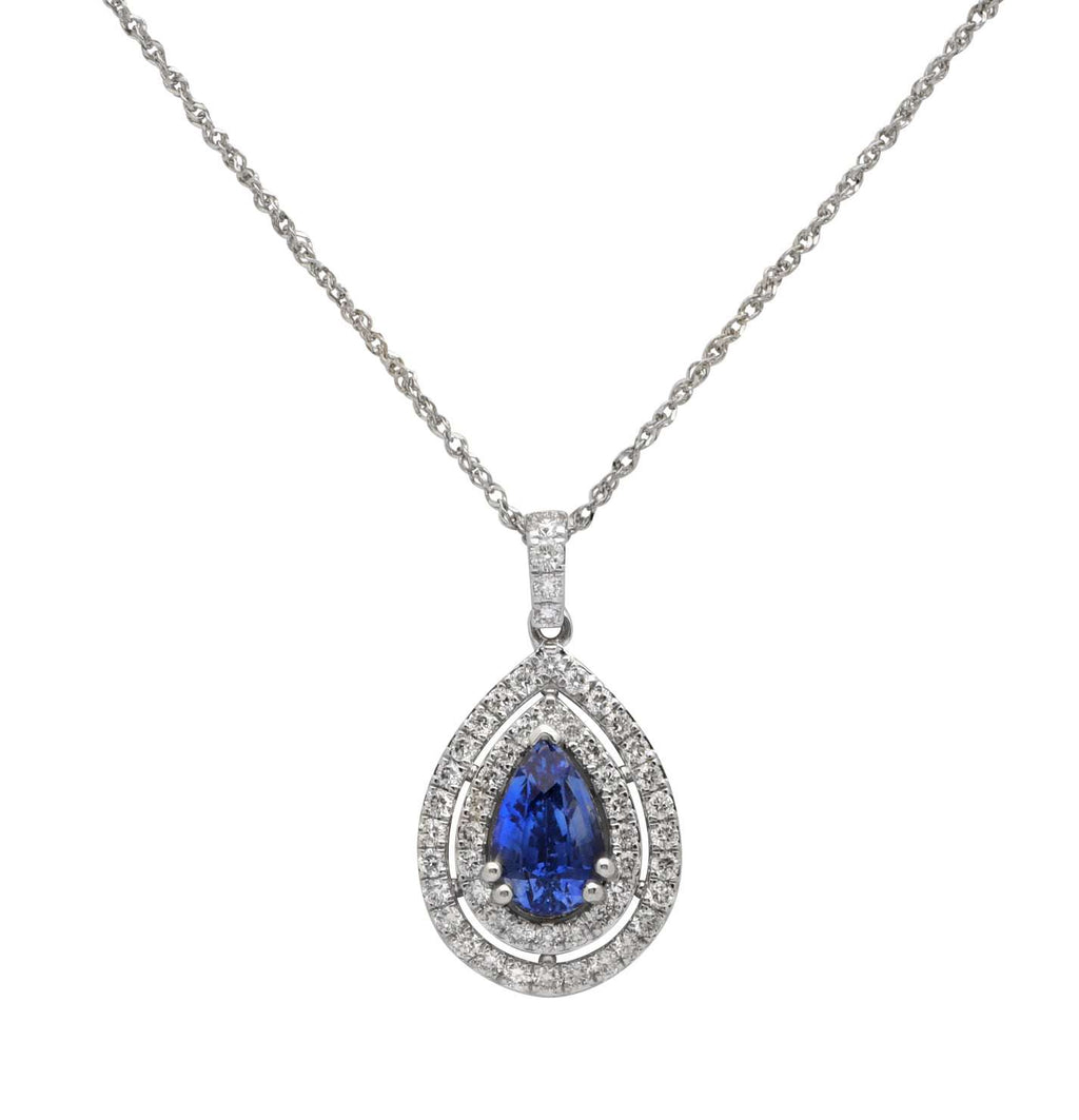 1.94Ct Pear-Shaped Sapphire Necklace in White Gold Surrounded by 52 Diamonds by Vivid Diamonds, showcasing a brilliant pear-shaped sapphire with sparkling diamond halo.