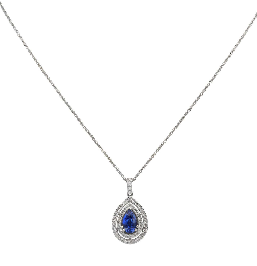 Close-up view of the 1.94Ct Pear-Shaped Sapphire Necklace in White Gold Surrounded by 52 Diamonds by Vivid Diamonds, featuring the exquisite sapphire and diamond details.