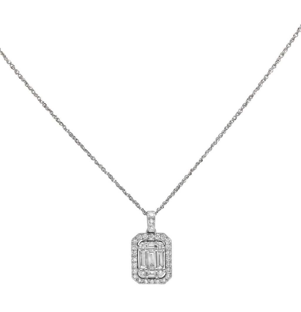 Elegant 0.85 Ct White Gold Diamond & Baguette Necklace by Vivid Diamonds showcased against a white background, highlighting its modern Art Deco design with five baguette-cut diamonds and a halo of round diamonds.