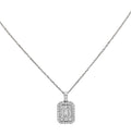 Elegant 0.85 Ct White Gold Diamond & Baguette Necklace by Vivid Diamonds showcased against a white background, highlighting its modern Art Deco design with five baguette-cut diamonds and a halo of round diamonds.