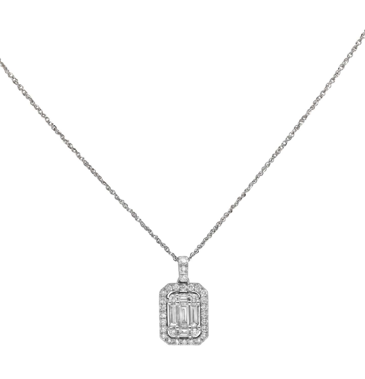Elegant 0.85 Ct White Gold Diamond & Baguette Necklace by Vivid Diamonds showcased against a white background, highlighting its modern Art Deco design with five baguette-cut diamonds and a halo of round diamonds.